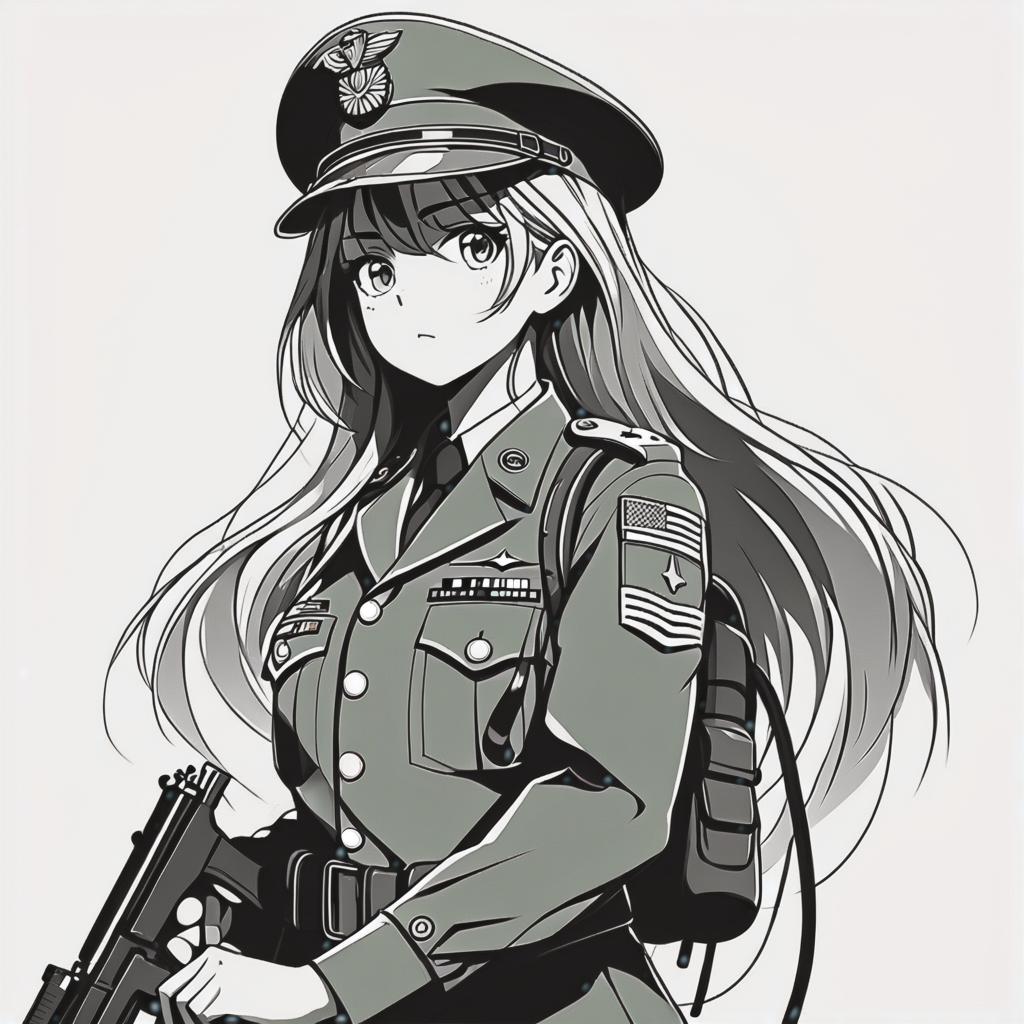  line art drawing girl in military kit, with ptrd, same nightmare. anime style . professional, sleek, modern, minimalist, graphic, line art, vector graphics