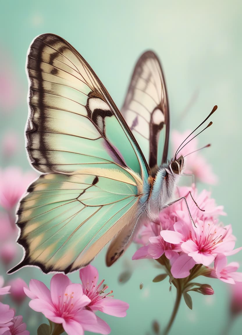  a beautiful butterfly on a background of pink flowers on a pale green pastel background, suitable for mobile phone wallpaper. the picture was taken in the style of macro photography, showing the bright colors and detailed texture of butterfly wings. a high resolution and high definition image.