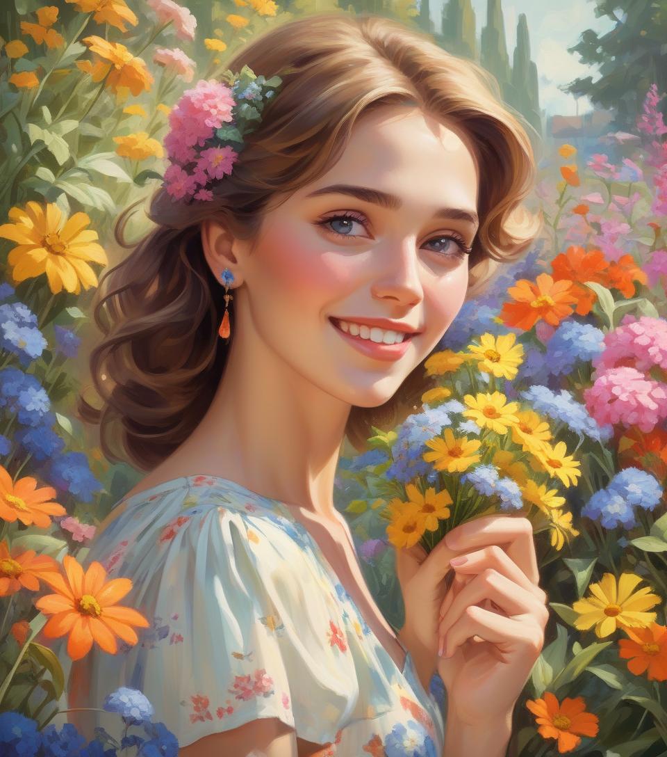  retro game art garden wonders, beautiful woman holding a bouquet of wild flowers to her face, detailed summer garden background, wearing a summer dress, perfect face, delicate face, vivid colors, happiness, oil painting, expressive brushwork, highly detailed, delicate details . 16 bit, vibrant colors, pixelated, nostalgic, charming, fun