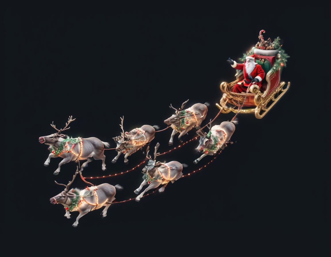  breathtaking christmas, santa is riding in a sleigh pulled by a herd of reindeers . award winning, professional, highly detailed, civitai hyperrealistic, full body, detailed clothing, highly detailed, cinematic lighting, stunningly beautiful, intricate, sharp focus, f/1. 8, 85mm, (centered image composition), (professionally color graded), ((bright soft diffused light)), volumetric fog, trending on instagram, trending on tumblr, HDR 4K, 8K