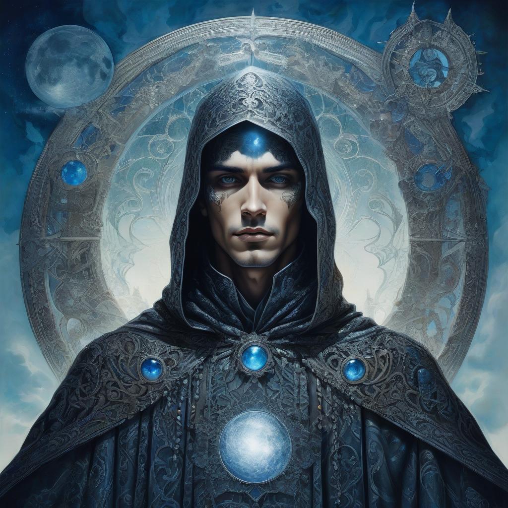  judge on the throne. black dungeon. a man in a cloak and hood. the man in the grotto. judge on the throne. black dungeon. moon. moonlight. big moon. silver rays. (portal: 1,5). portal room. (mirrors: 1.5). (mirror in wall: 1.5). mirror shows blue sky, field, sunlight. another world. double exposure. detailed, detailed drawing. stylistics: intricate zentangle patterns in the manner of karol bak, rahaf dk albab, andrew jones. bright colors. high quality and detail. hdr. masterpiece. double exposure.