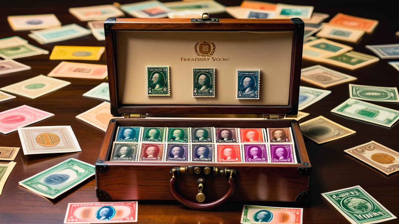  an elegant display of rare, colorful stamps arranged in a vintage wooden album, surrounded by magnifying glasses, old postcards, and a small globe, reflecting the rich history and beauty of stamp collecting. hyperrealistic, full body, detailed clothing, highly detailed, cinematic lighting, stunningly beautiful, intricate, sharp focus, f/1. 8, 85mm, (centered image composition), (professionally color graded), ((bright soft diffused light)), volumetric fog, trending on instagram, trending on tumblr, HDR 4K, 8K