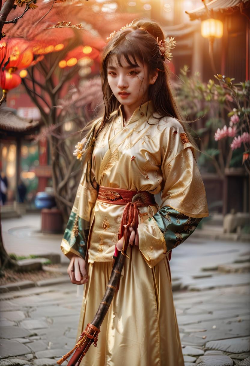  cinematic photo a girl in a chinese outfit, a stick in her hand. . 35mm photograph, film, bokeh, professional, 4k, highly detailed, perfecteyes, civitai