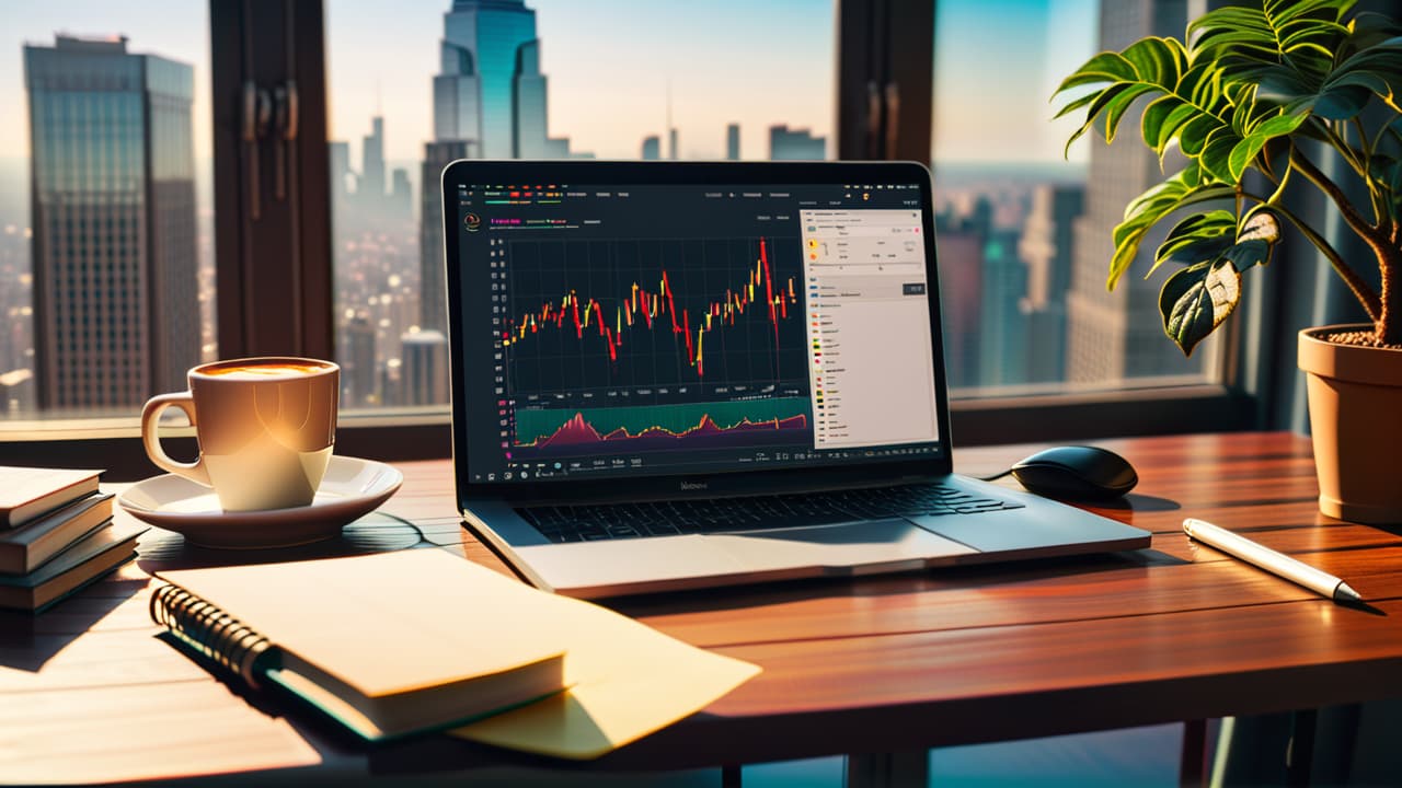  a serene, well lit workspace with a notebook, laptop displaying stock charts, a coffee cup, and beginner friendly trading books. include a potted plant for a touch of calm, with a window view of a bustling city. hyperrealistic, full body, detailed clothing, highly detailed, cinematic lighting, stunningly beautiful, intricate, sharp focus, f/1. 8, 85mm, (centered image composition), (professionally color graded), ((bright soft diffused light)), volumetric fog, trending on instagram, trending on tumblr, HDR 4K, 8K