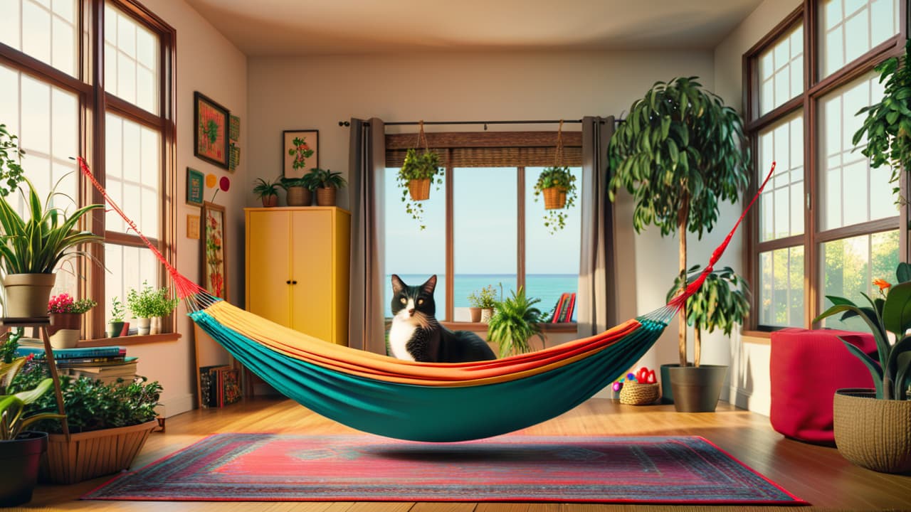  a cozy living room scene featuring whimsical diy cat furniture: a multi level cardboard castle, a hammock made from vibrant fabric, a wooden tree perch with potted plants, and colorful cat toys scattered around. hyperrealistic, full body, detailed clothing, highly detailed, cinematic lighting, stunningly beautiful, intricate, sharp focus, f/1. 8, 85mm, (centered image composition), (professionally color graded), ((bright soft diffused light)), volumetric fog, trending on instagram, trending on tumblr, HDR 4K, 8K