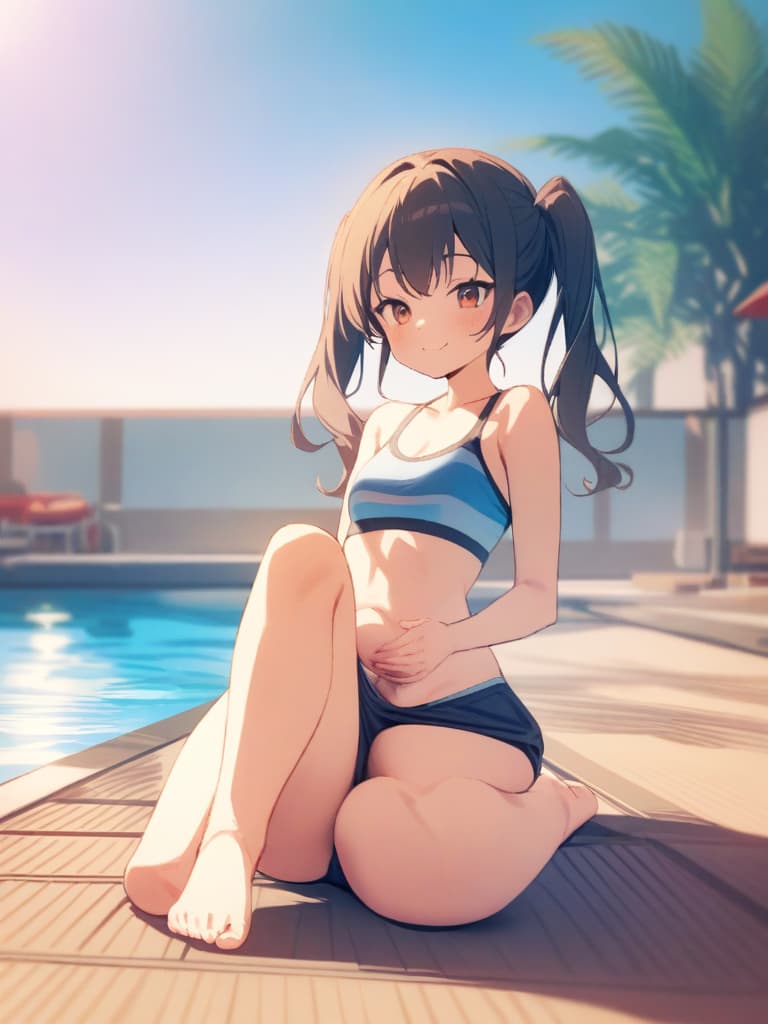  women's elementary students, twin tails, cute smiles, swimwear, man (bulge), (bulging), swimwear, poolside, whole body,