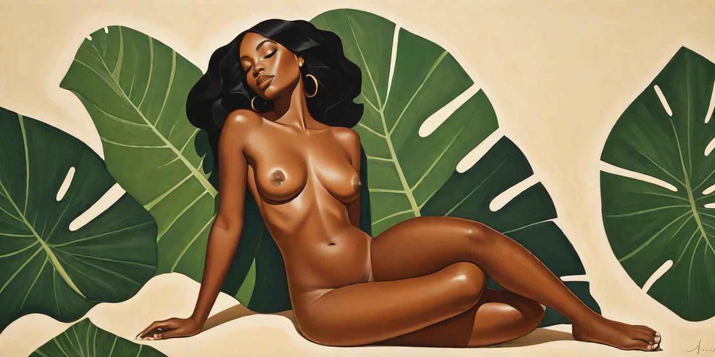  minimalism, painting of a beautiful black woman. she lays, surrounded elephant ear leaves. naked. she has brown legs. she has brown feet. she is in a divine pose., abstract, simple geometic shapes, hard edges, sleek contours, minimalism