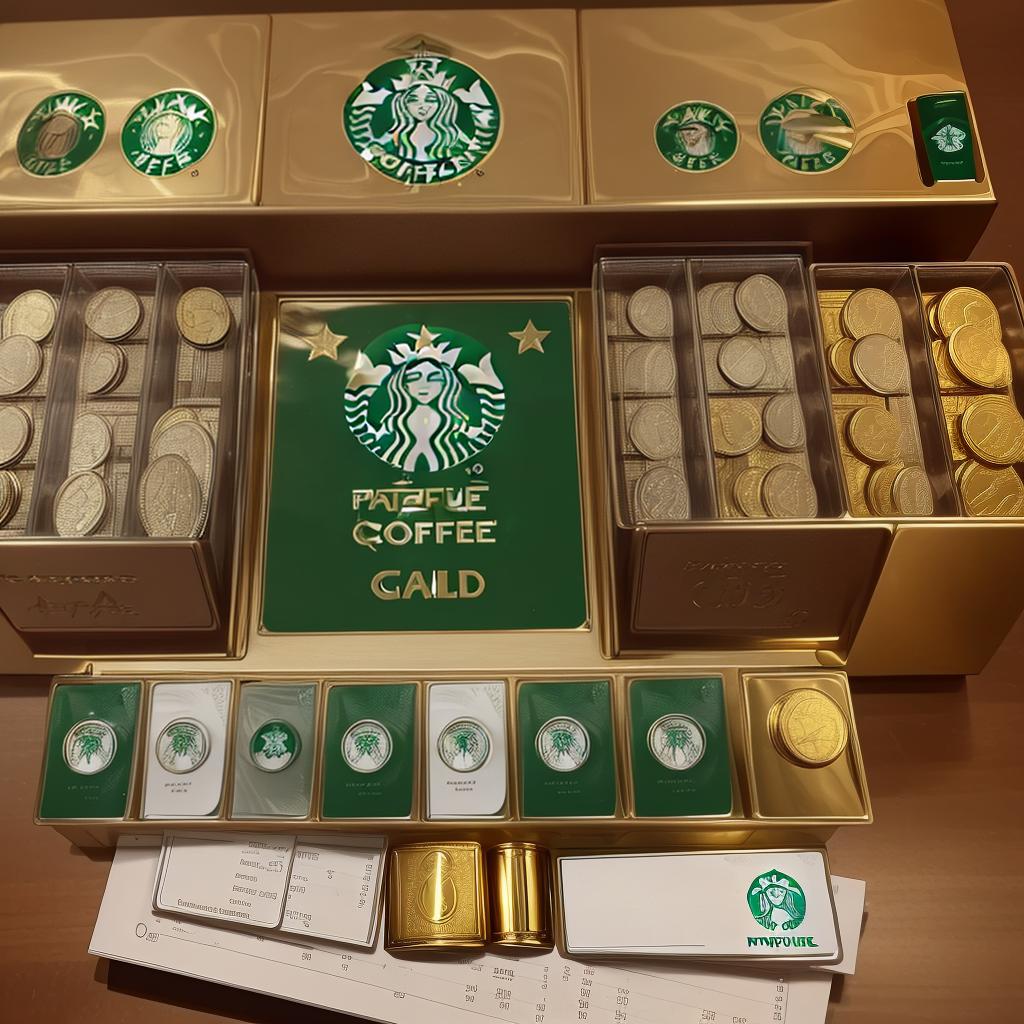  Masterpiece, best quality, a Starbucks gift card and coffee mug combination with Starbucks logo and financial elements such as gold coins, charts, etc. in the background to highlight the "bank" theme.