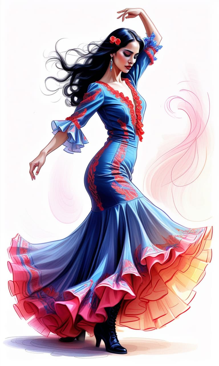  ethereal fantasy concept art of sketching with short strokes, with multicolor pencil, spanish dancer in spanish dress dancing flamenco, full length, in boots, long dress, beautiful eyes, slight smile, fine lines, elegant, on the white background. contours. long loose black hair. . magnificent, celestial, ethereal, painterly, epic, majestic, magical, fantasy art, cover art, dreamy