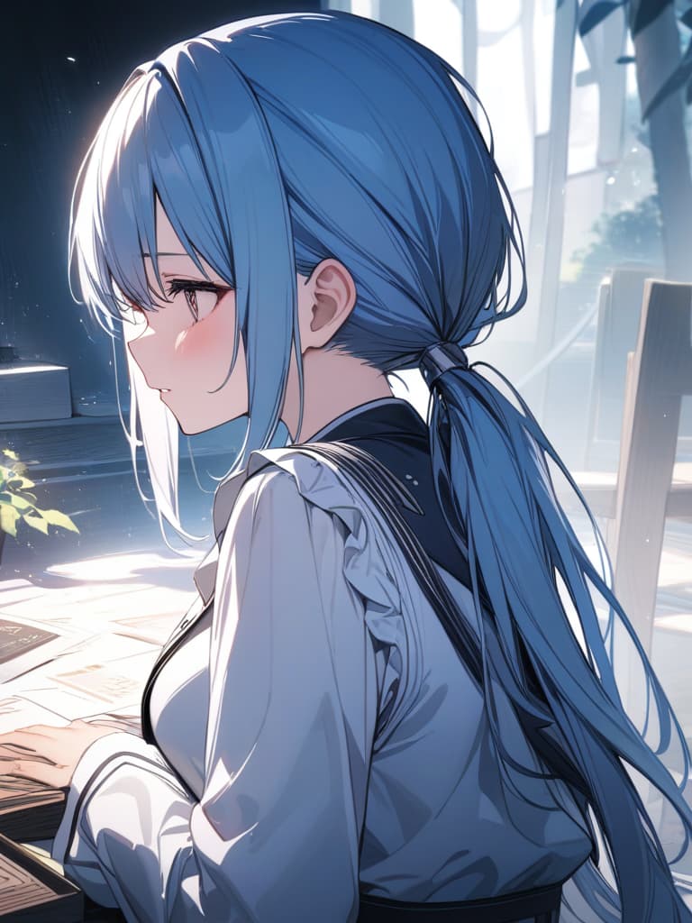  beautiful girl, light blue hair character, ponytail, moe sleeve, masterpiece, best quality,8k,ultra detailed,high resolution,an extremely delicate and beautiful,hyper detail