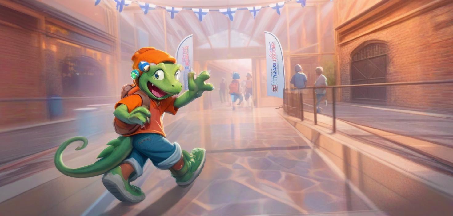  professional 3d model a cartoon lizard wearing an orange shirt, blue pants, and a hat, running excitedly in a brightly lit indoor setting with people in the background. . octane render, highly detailed, volumetric, dramatic lighting, civitai