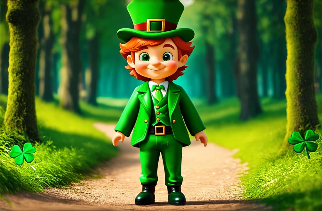  cinematic film style, st. patrick's day. a little cartoon leprechaun with red hair in a green suit and a green hat stands on a forest path surrounded by shamrocks. design for postcards, flyers ar 3:2, shallow depth of field, vignette, maximum details, high budget hollywood movie, bokeh, cinemascope, moody, epic, gorgeous, sun rays and shadows on furniture and surfaces, flattering light, raw photo, photography, photorealistic, 8k resolution, f1.4, sharpened focus, sharp focus