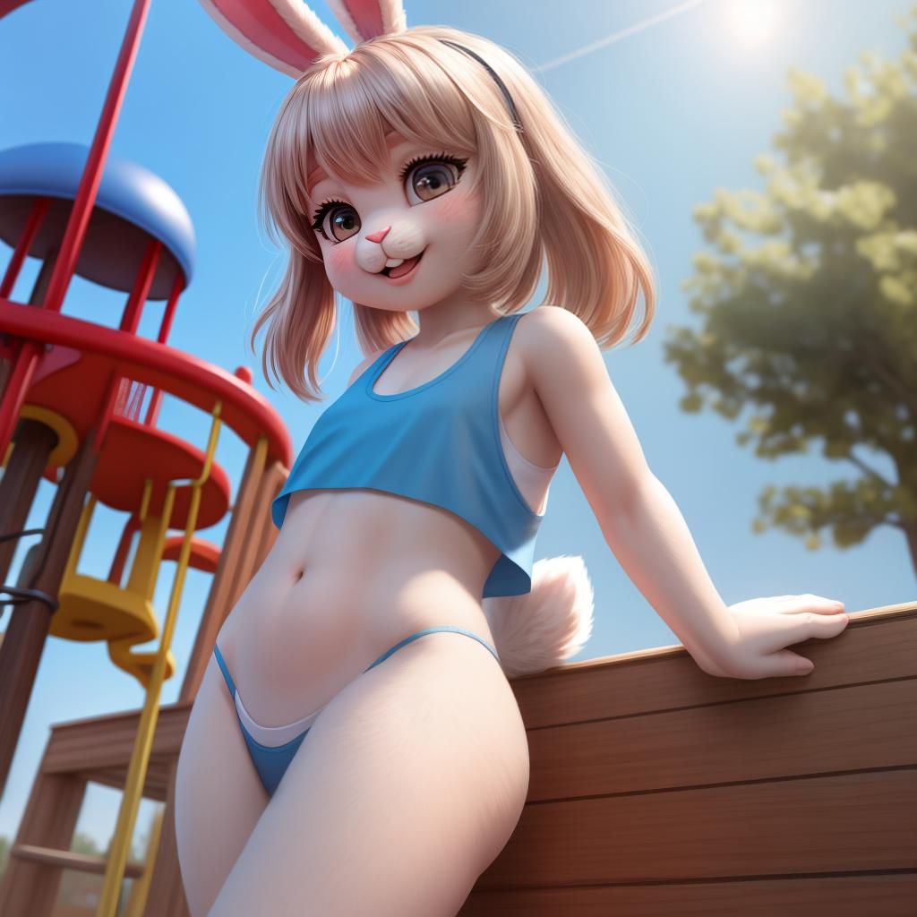  Female bunny anthro, hot, tank top, , bunny tail, full body, , young, lewd, in view, over, playground, having , soft , open eyes, masterpiece, 4k, fine details,