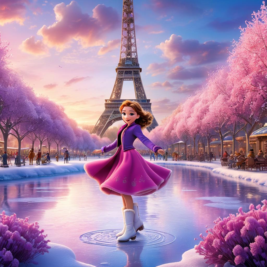  in 3d animated movie style. disney pixar style. paris, old with a cheerful spirit wears a pink jacket, purple snow pants, fluffy white boots. twirling on frozen pond, feeling chill but warmth in her heart, laughter echoing. high resolution pixar 3d style, detailed rendering, shades of pink, purple, white colors. soft, bright lighting, warm atmosphere. bird's eye view, capturing paris joyfully twirling, peaceful, magical moment.