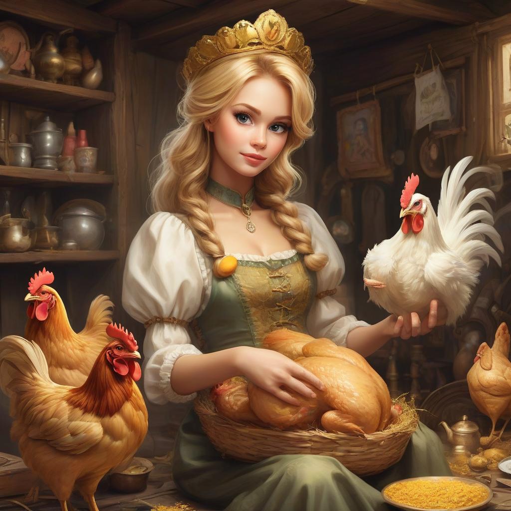  you're a professional artist, you create pictures for fairy tales. make me a chicken. she laid the golden testicle of her old grandfather and grandmother and hut. style russian cartoon