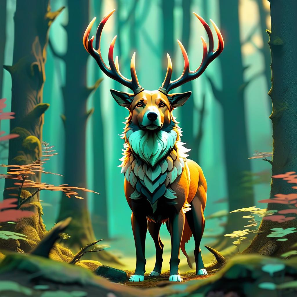  concept art animal, mythical animal, dog with full stag horns, forest . digital artwork, illustrative, painterly, matte painting, highly detailed