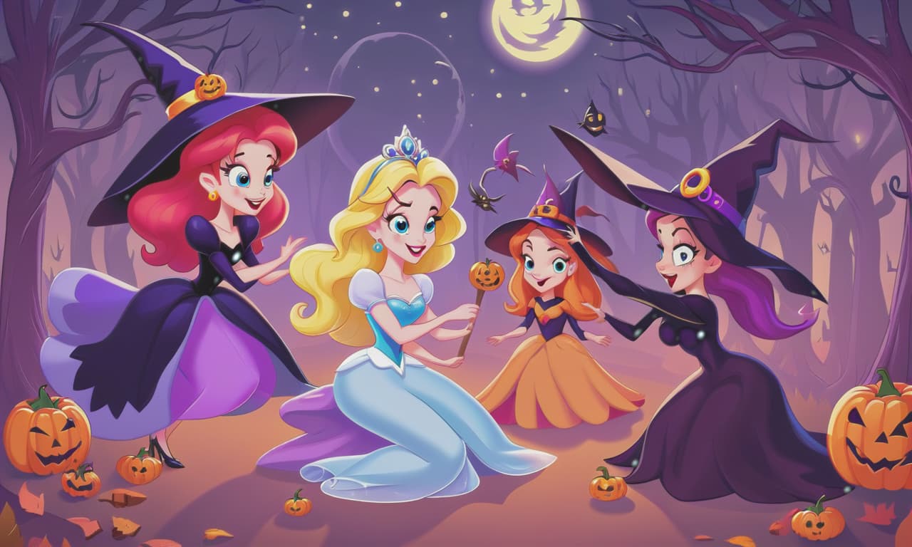  cartoon princesses playing with witches