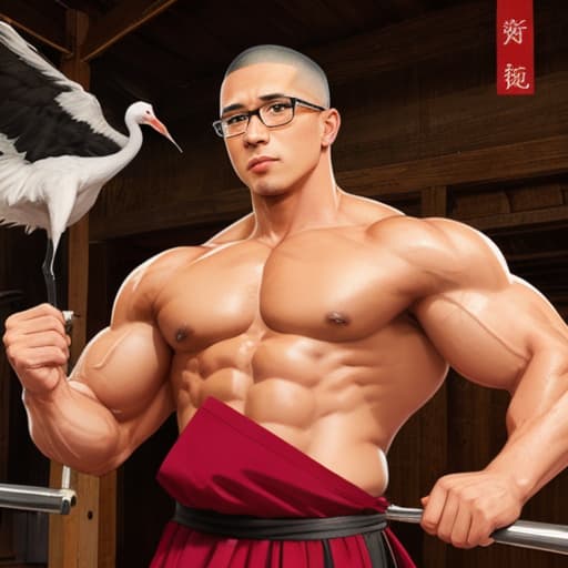  Crane-headed, bespectacled monk with muscle training, male, pop.