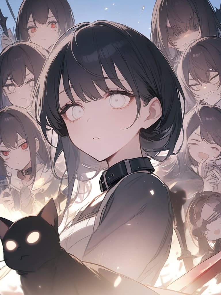  girls, white eyes, black collar, demon killing squad, swords, black hair with light blue mesh, cats, human eyes, human expression, white background