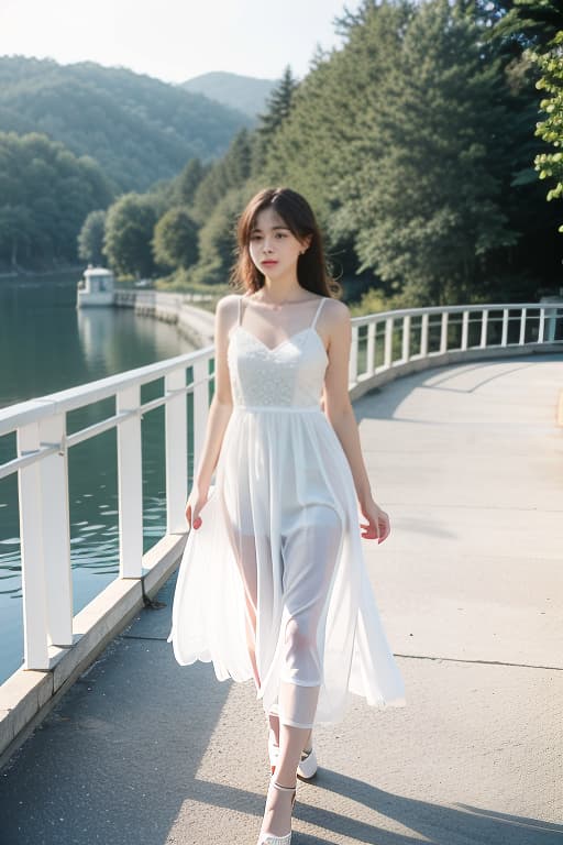  a woman in a white dress walks on a bridge., advertising photo,high quality, good proportion, masterpiece , the image is captured with an 8k camera