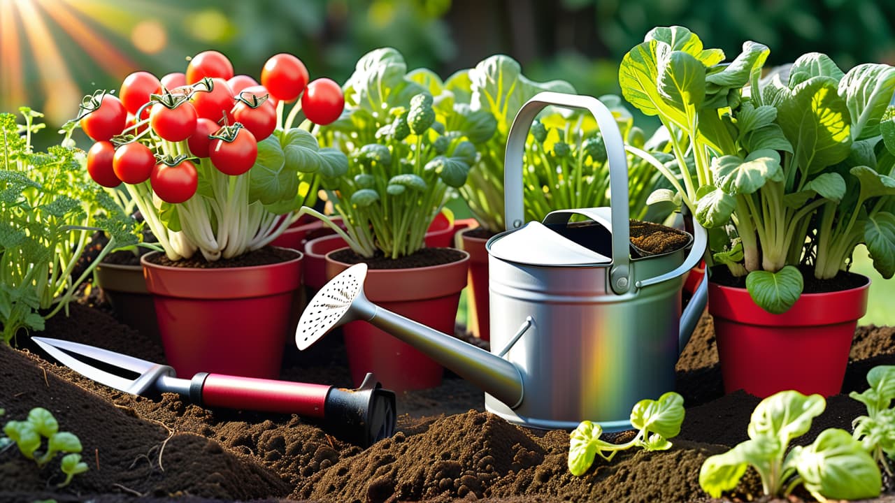  a vibrant garden scene showcasing freshly tilled soil with an array of colorful seedlings: lettuce, tomatoes, and herbs, surrounded by garden tools, a watering can, and sunlight filtering through leafy branches. hyperrealistic, full body, detailed clothing, highly detailed, cinematic lighting, stunningly beautiful, intricate, sharp focus, f/1. 8, 85mm, (centered image composition), (professionally color graded), ((bright soft diffused light)), volumetric fog, trending on instagram, trending on tumblr, HDR 4K, 8K