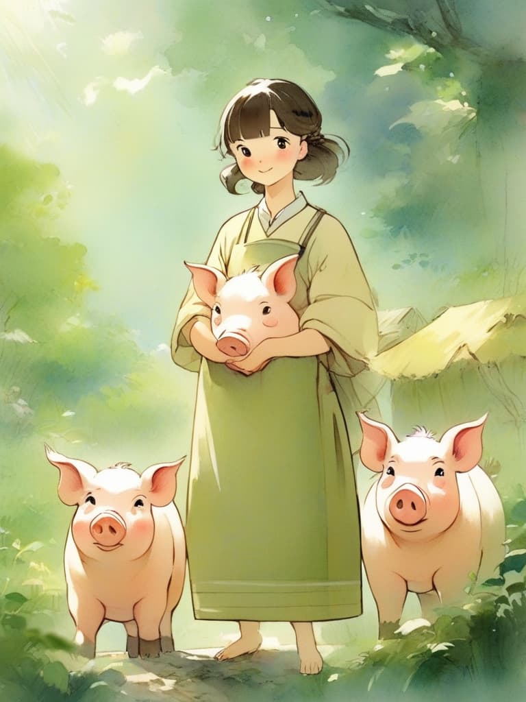  pigs, one male, round body, soft, simplistic five officials, wearing a colored apron, with a small basket, with a simple forest scene in its background, a soft light, a bright and happy atmosphere, a whole size, sweet, child friendly painting style。