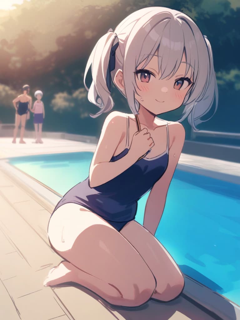  women's elementary students (male), twin tails, cute smiles, rich s, low stature, dark blue swimwear, old swimwear, swimwear, simple, male (bulging), front, whole body, pool side,