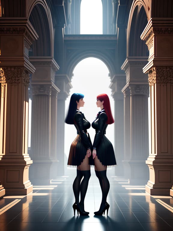  two grown up girls from around the world looking at each other through the portal hyperrealistic, full body, detailed clothing, highly detailed, cinematic lighting, stunningly beautiful, intricate, sharp focus, f/1. 8, 85mm, (centered image composition), (professionally color graded), ((bright soft diffused light)), volumetric fog, trending on instagram, trending on tumblr, HDR 4K, 8K