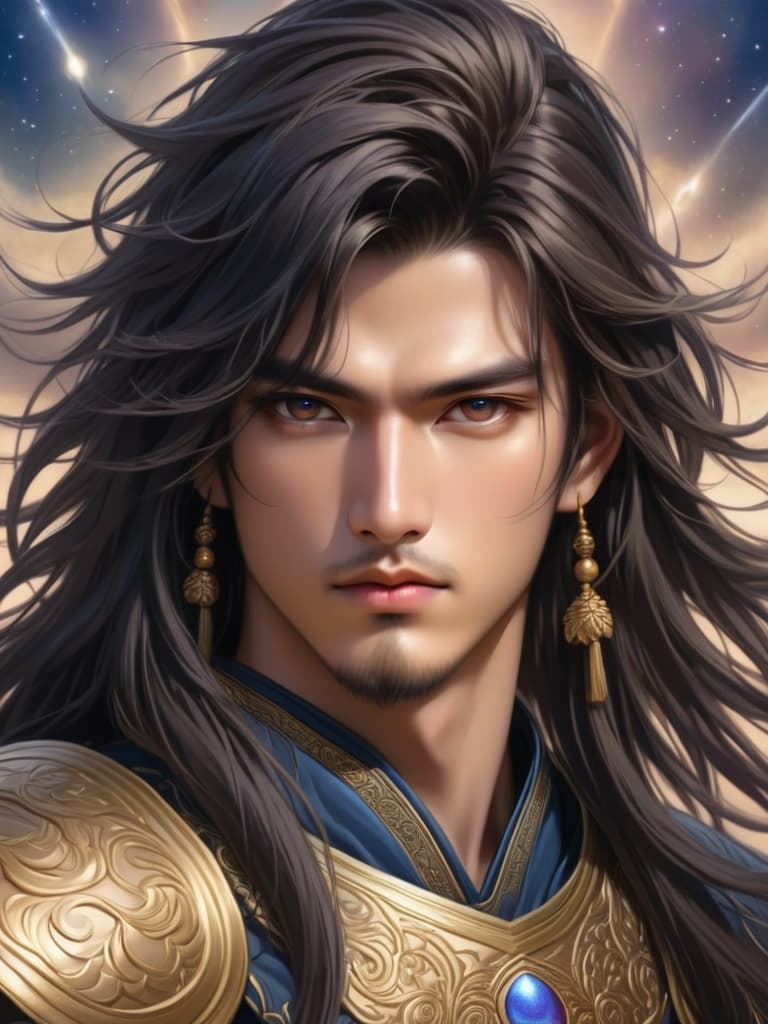  divine warrior, 1 male, human face with a third eye on forehead, solo, male focus, long flowing hair, traditional chinese armor, portrait, intense gaze, looking at viewer, realistic, closed mouth, close up, ornate shoulder armor, dark celestial background, glowing third eye, stern expression, mystical aura.