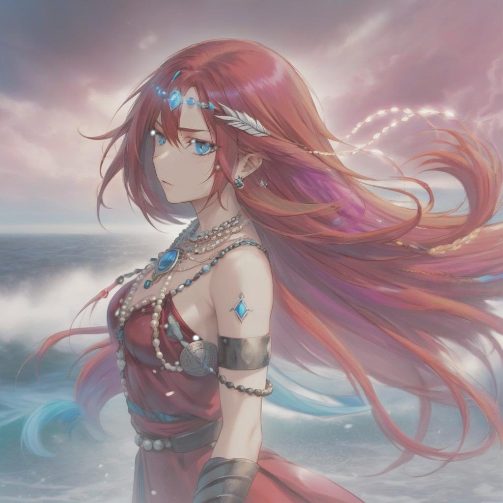  long exposure photo of portrait of strong rage woman valcyria. blue eye. long red hair. tilting head down, magenta mantle, shoulder pad feather, accessory necklace with pearls on the forehead, by the sea . blurred motion, streaks of light, surreal, dreamy, ghosting effect, highly detailed, sticker, hkmagic, perfecteyes