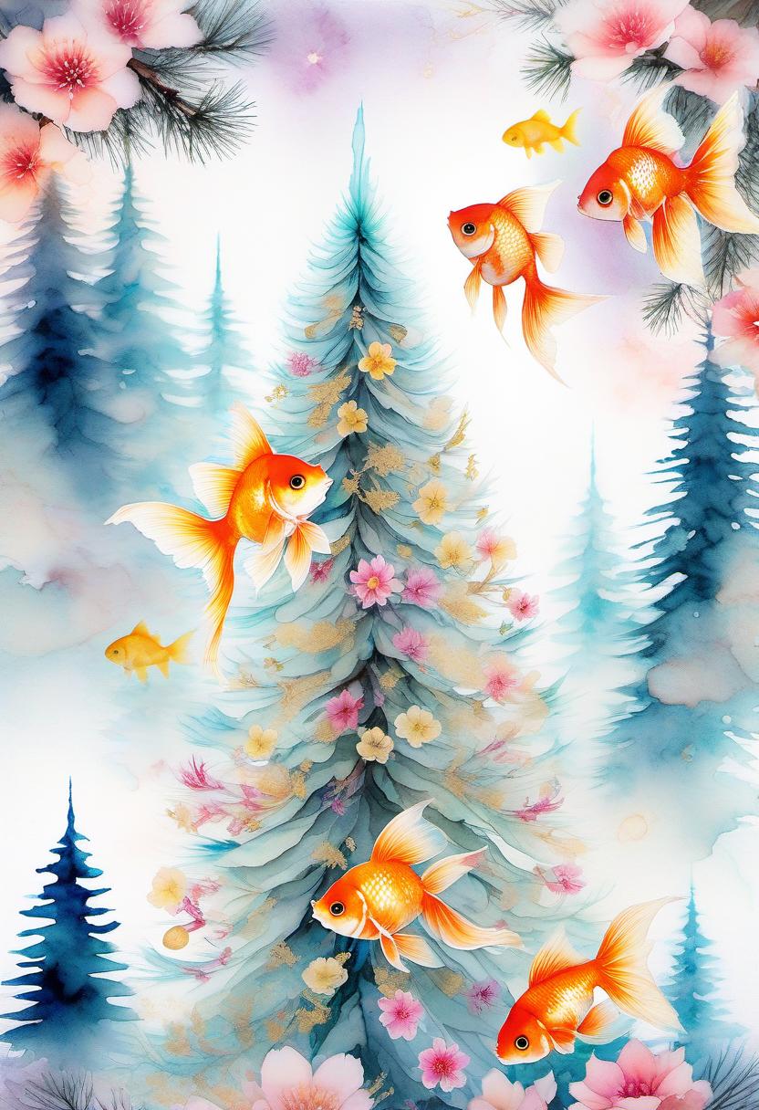  fairy tale christmas trees with cones, goldfish in a kimono, (double exposure: 1.4). (soft textured paper). alcohol ink of (bright) flowers. the incompleteness effect. tenderness of watercolors, winter, delicate colors. thin white lines. emotion. light relief pattern. . magical, fantastical, enchanting, storybook style, highly detailed