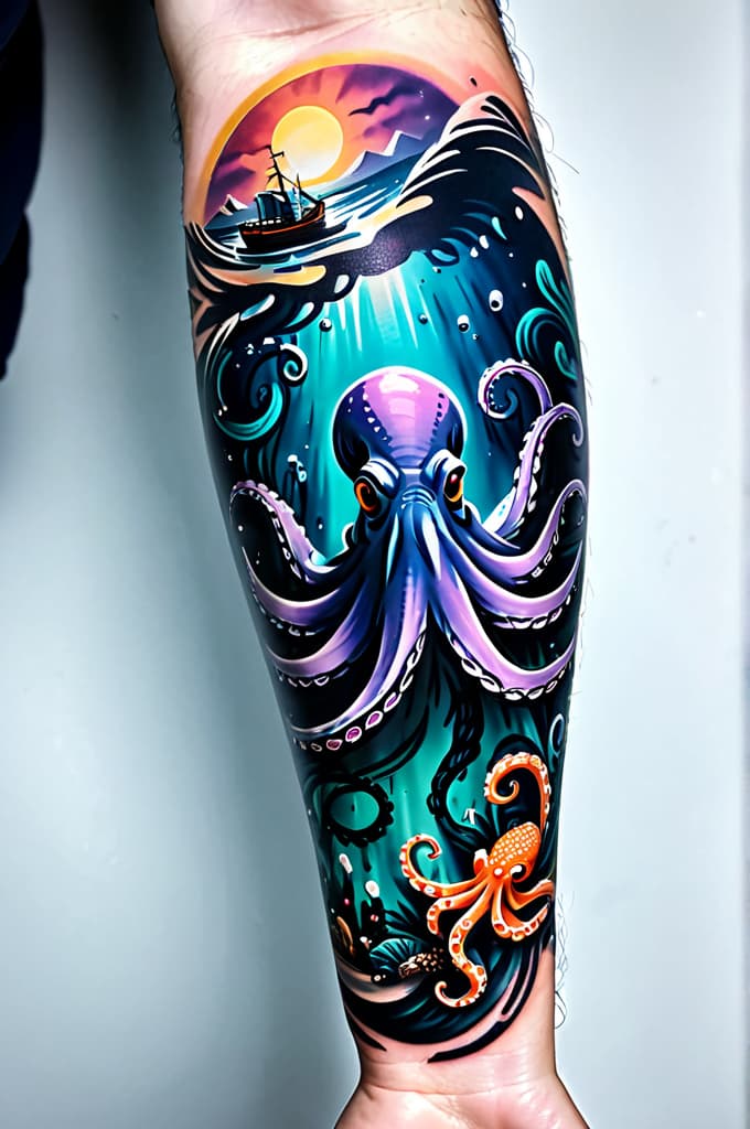  mariners sleeve octopus , (tattoo:1.15), hq, hightly detailed, 4k