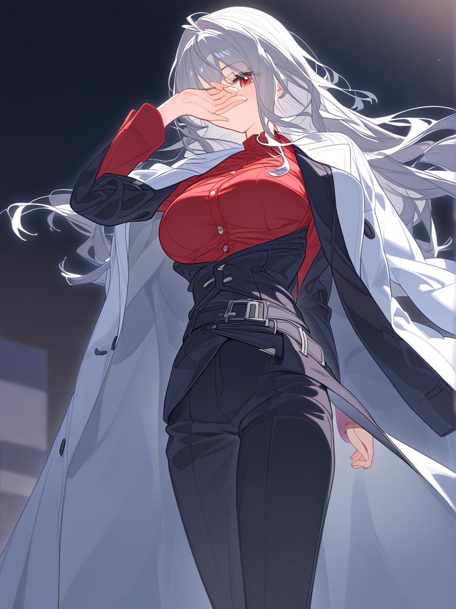  a strong woman, silver long hair, covering her face. she has deep, beautiful red eyes that are very prominent, white eyelashes that are very prominent in the eyes. she wears dark dress pants. a red shirt with buttons on the front seam, two thin belts under the bust. a light gray lab coat on the shoulders. a very strong and slender body, his strong abdomen shows in the red shirt. the background is a futuristic area where people practice combat in the background. she has a cup of coffee in her hands. well highlighted eyes with white eyelashes details, 8k. . best quality, high resolution