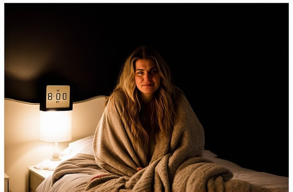  a young sleepy, shaggy woman sits on a bed wrapped in a blanket with a dissatisfied face, on the nightstand next to her there is a clock with the numbers "6:00", the room is dark and the night light is dimly lit ar 3:2, (natural skin texture), highly detailed face, depth of field, hyperrealism, soft light, muted colors