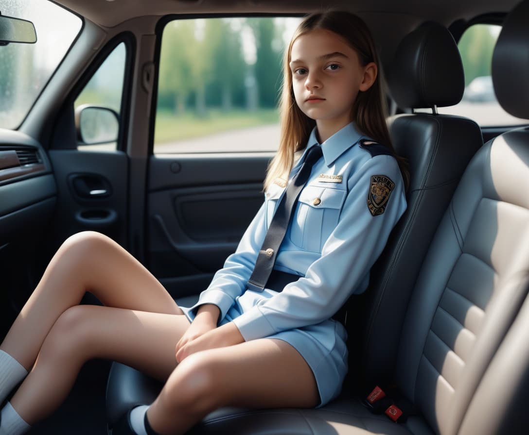  cinematic photo 12 y.o. sitting on the back seat of the car, in shiny , uniform, leg on leg, face looks like izabela vidovic . 35mm photograph, film, bokeh, professional, 4k, highly detailed