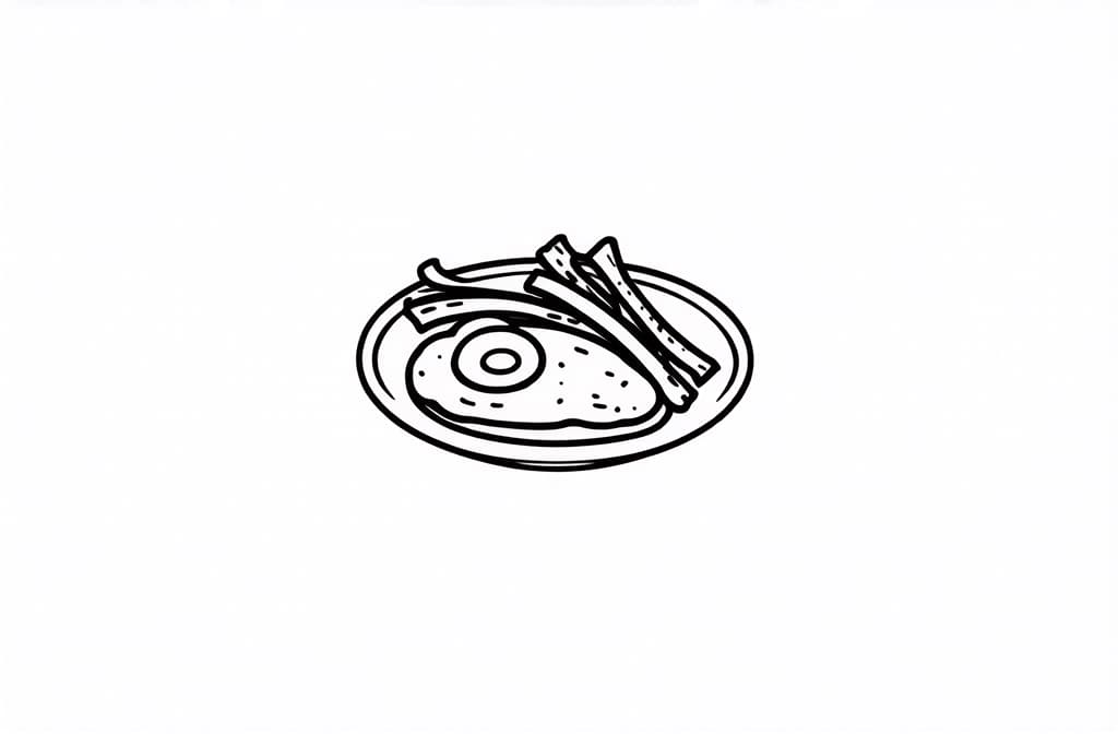  contour, very simple image in one unbroken black ink line, single line of fried eggs and bacon on plate, engraving illustration, icon isolated on white background ar 3:2 using a single continuous black line ink brushon white background, drawing should be created without lifting the pen, recognizable features of fried eggs and bacon on plate, engraving illustration, icon isolated on white background ar 3:2 in one unbroken line