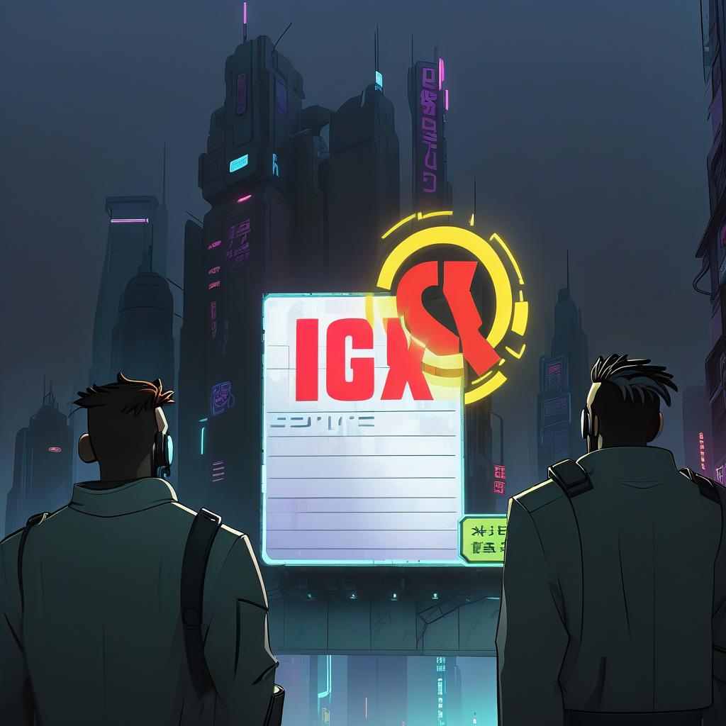  the cartoon characters look at a large sign, cyberpunk city