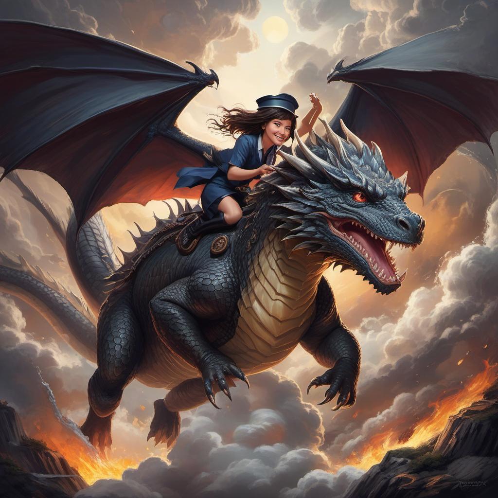  a brunette woman wearing a mortarboard and riding g a dragon, painting style