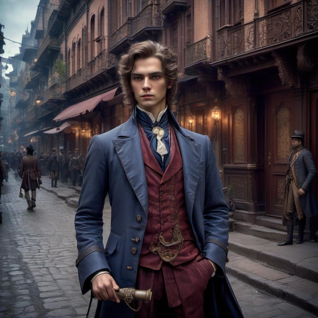  role playing game (rpg) style fantasy young man aristocrat on the street of the city in the late 19th century . detailed, vibrant, immersive, reminiscent of high fantasy rpg games, hkmagic