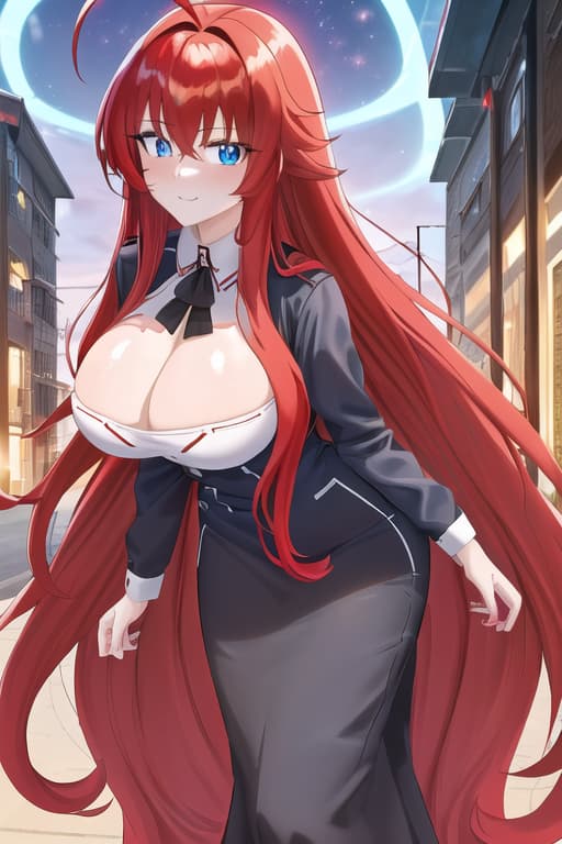  ,masterpiece, best quality, 1women, long red hair, looking at viewer, :3, cute, black uniform, outdoors, streets, cow shot, curvy, (((blue eyes))), rias gremory, red hair, antenna hair, wavy hair, ((beautiful detailed eyes, beautiful detailed glow, lots of glow)), anime screencap