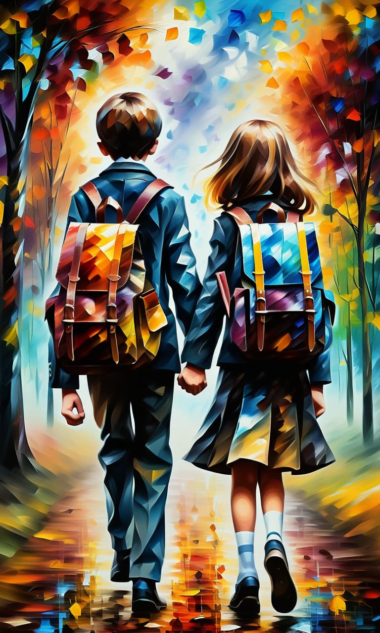  (style of leonid afremov:1.5), boy and girl schoolchildren walking through autumn park with school bags, holding hands, epic realism, anime features, dark fantasy, abstract horror, desaturated color palette, gothic and renaissance aesthetic, (happy smiles:1.4), in school uniform, blue eyes