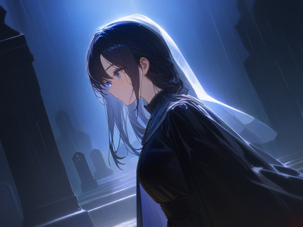  (masterpiece,top quality,high resolution,ultra detailed,ultra high definition,precise,high detail,very detailed,ultra fine illustration,hd,8k 1.5),1girl,anime illustration of a funeral,very detailed mourning dress,a girl standing in a cemetery with an umbrella,(detailed turquoise eyes and black hair,tied shiny hair,bun),sad,mournful,coffin,rain,graveyard scenery,grave,veil,ink smudges,inky,abstract,chinese aesthetic,diagonal composition,cinematic lighting,transparent of light,dark,upper body,