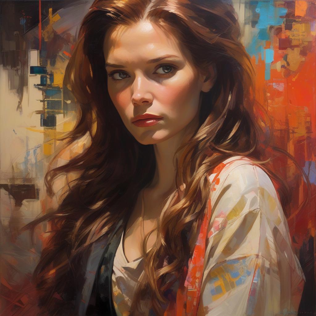  portrait captures young kathryn janeway at 20, long hair flowing, hybrid style merging the meticulous finesse of carne griffith and michael garmash with ivan shishkin's intricate realism, oriental color palette with deep, saturated hues, neon ambient lighting contrasts abstract black oil textures, mecha aesthetic intertwined with detailed acrylic brushwork, grunge elements adding raw atmosphere,