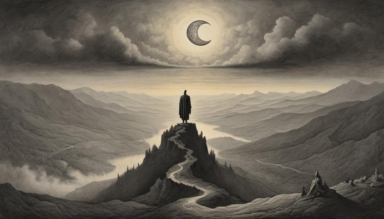  on parchment, surrealism++, a figure standing atop a mountain, overlooking a vast, shadowy valley below, figure illuminated by a distant, crescent moon, surrounded by dark clouds, isolation, realization, enlightenment(mysterious, provocative, symbolic)++