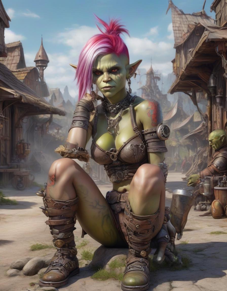  an ultra realistic airbrushed image of an eccentrically beautiful young orc girl. in asitting position, she has pronounced multicolored hair, piercings, and a lot of steel steampunk jewelry. an orc town background