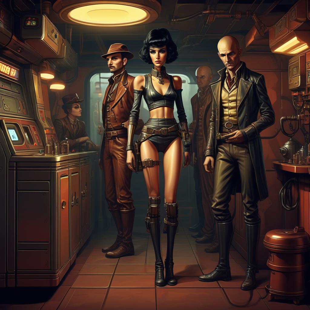  retro game art a group of smugglers, a potty man, 40 year, small, bald, black. a young , 20 year, medium sized s, graceful thin waist, long slender legs, black hair, droid, minotaur. full length image, steampunk, dieselpunk, paropunk, stand in a futuristic tavern. . 16 bit, vint colors, pixelated, nostalgic, charming, fun