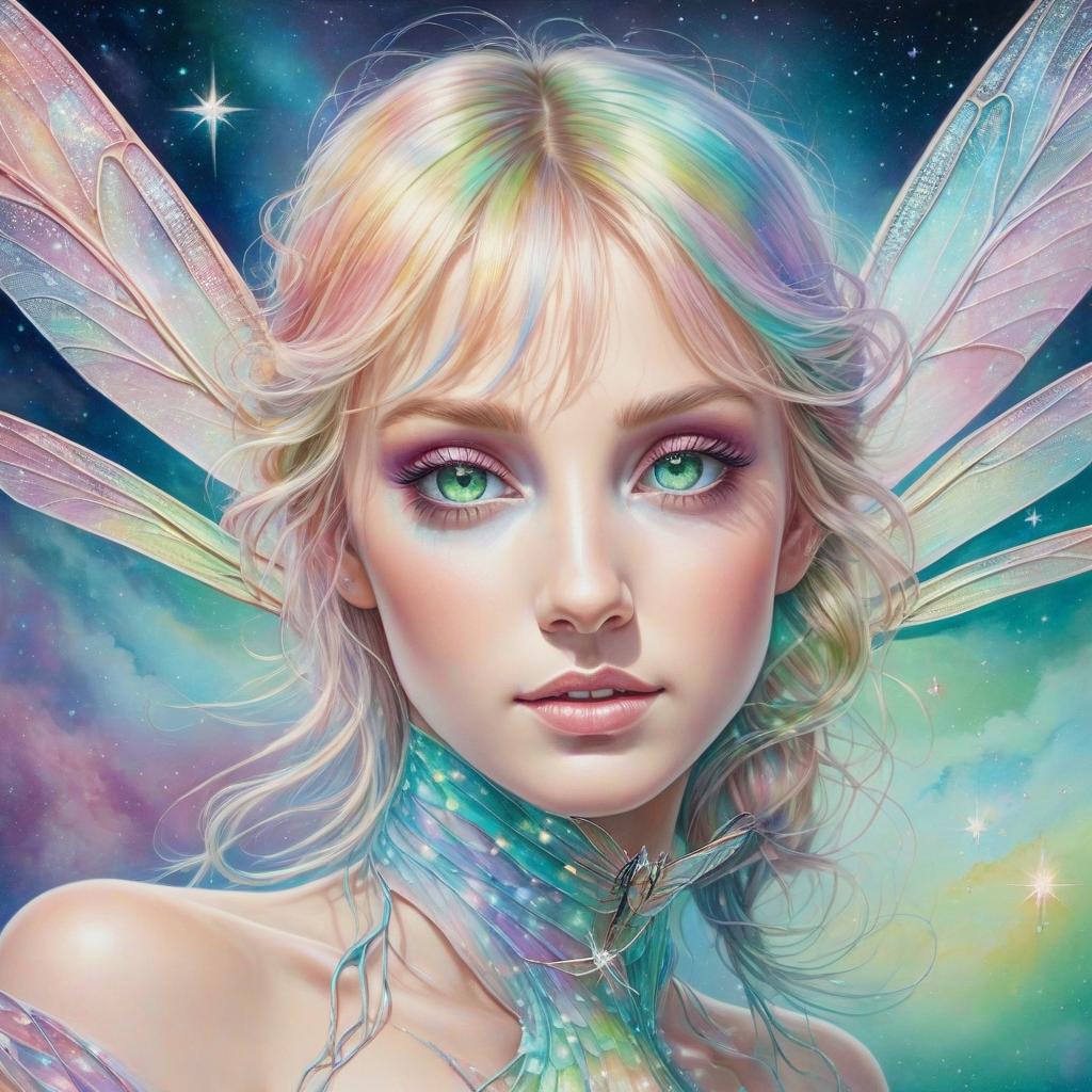  an atmospheric oil picture with a hyperreal portrait of a mesmerizingly beautiful celestial dragonfly in a rainbow scale of pale pastel tones with huge watery green eyes, colors of sorrow and crystal structures, photo real stars of the pastel tones galaxy