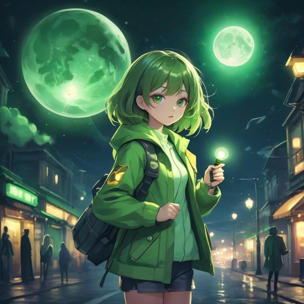  girl in anime style with a flashlight in her hands in a green jacket, green color, street, night, bright lantern, flying saucer in the sky, full moon