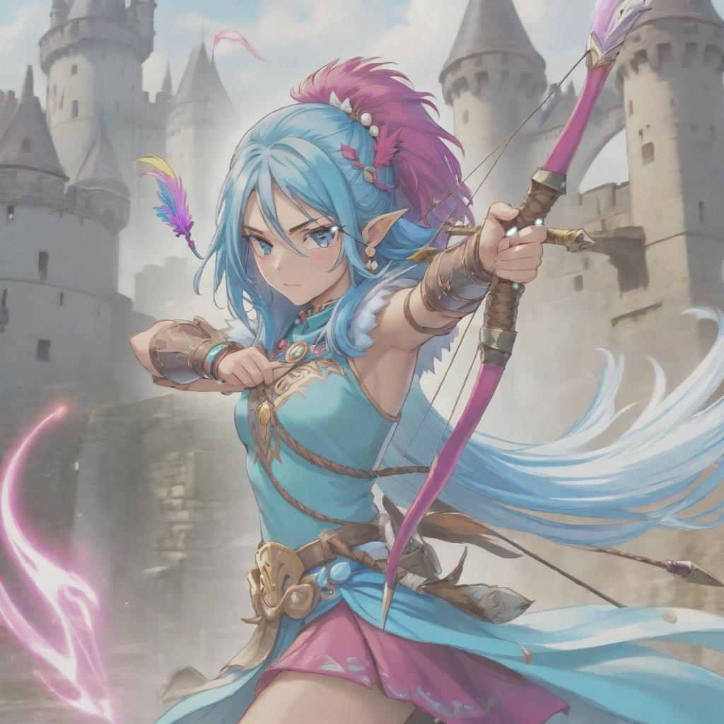  long exposure photo of portrait of strong rage amazonas archer. aqua eye. long blue hair. tilting head down, magenta mantle, shoulder pad feather, accessory necklace with pearls on the forehead, against the background of the castle siege . blurred motion, streaks of light, surreal, dreamy, ghosting effect, highly detailed, sticker, hkmagic