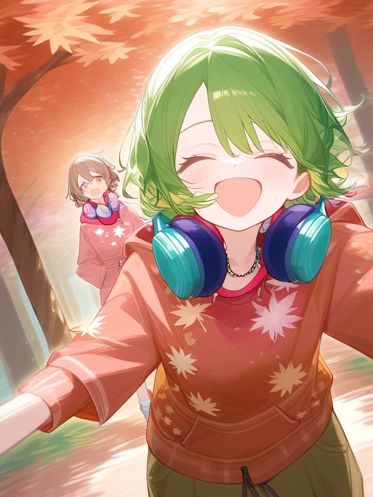  (((green short hair:1.5))),(((headphone around the neck:2.0))),very loud laugh,(((very joy:1.8))),(pastel red brown color palette:1.3),(pastel red hoodie with white maple tree print:1.4),(brown cargo pants:1.2),white sneakers,(red maple tree cap:1.1),(red and brown brown bracelet:1.1)